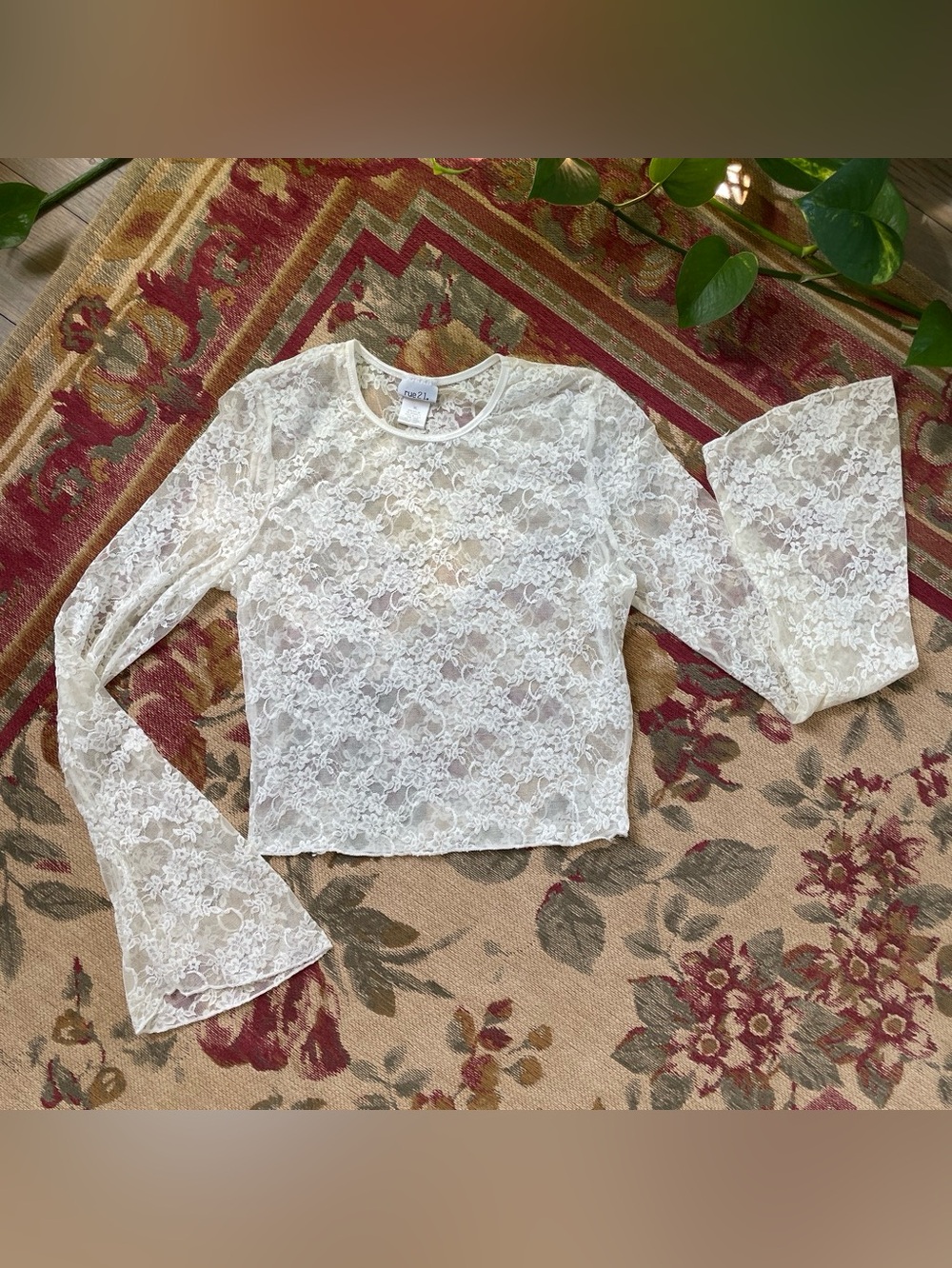 Rue 21 Sheer Distressed Floral Lace Long-Sleeve Top - Ivory